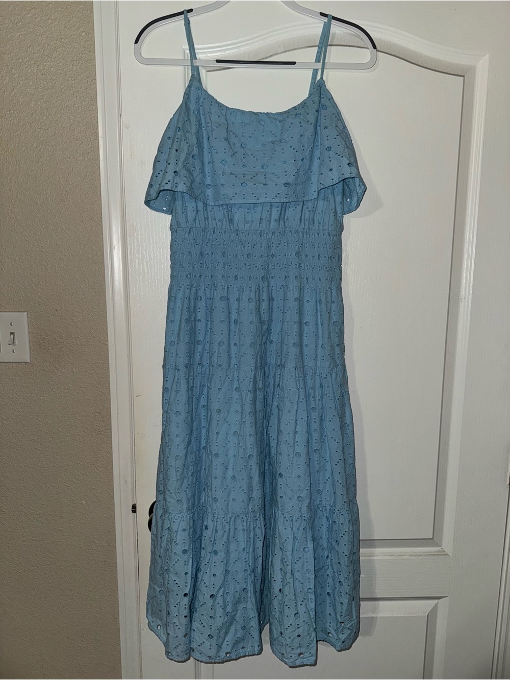 Elan Light Blue Eyelet Midi Dress with Ruffle Overlay